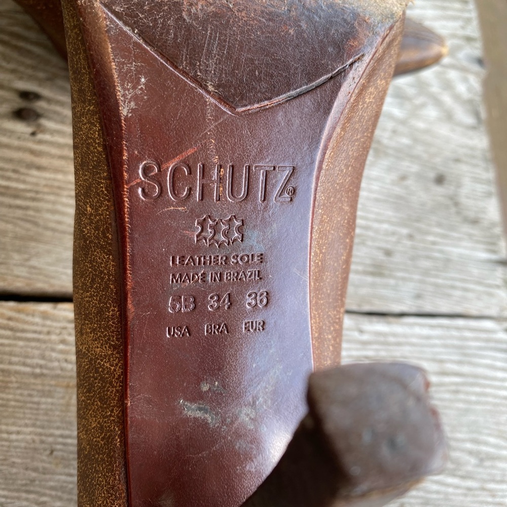 SCHUTZ Brown Distressed Leather Pointed-Toe Heels - Picture 4 of 5